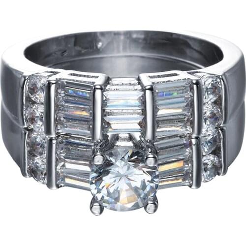 Hainon Trendy Silver Color Rings Set Full White Zircon Jewelry for Women Wedding Engagement Ring Jewelry Distribution