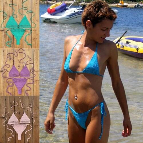 Cotton 13 Color Hand Crochet Swimwear Womens Beach Sexy Bikini Set Sunbathing Bikini