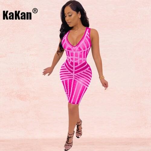 KaKan Diamond Mesh Sexy See-through Dress Sleeveless V-neck Skinny Dress Striped Rhinestone Elegant Party Dress