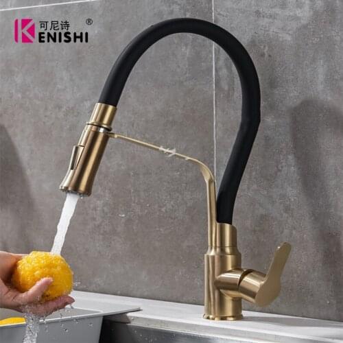 Keuken Kranen Geborsteld Goud Kranen Voor Keuken Spoelbak Enkele Hendel Trek Lente Uitloop Mixers Tap Hot Cold Water crane