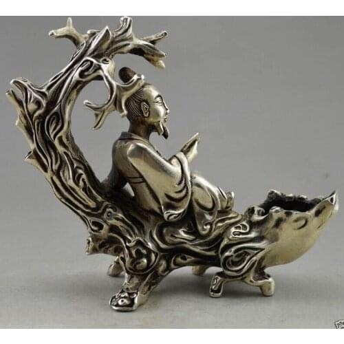 Collectible Decorated Old Handwork Tibet Silver Elder Read On Tree Branch Statue
