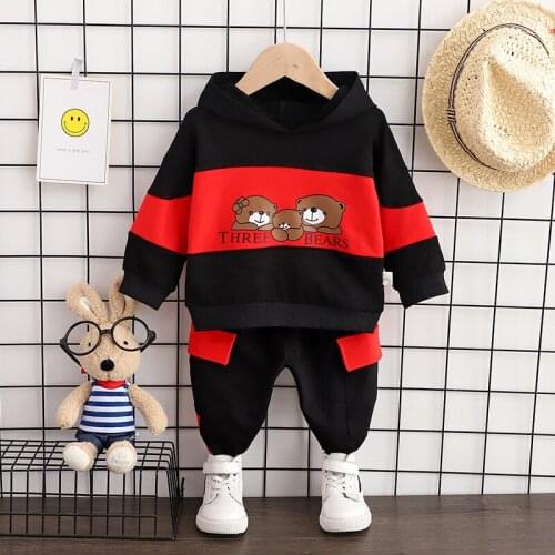 Boy Baby Sets Cartoon Bear Printing Suit Autumn Stitching Hooded Long Sleeve +pant Two-Piece Childrens Clothing Sets 0-4 Ages