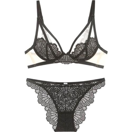 Eyelash Lace Ultra Thin Transparent Bra Thong Set Hollow Out Lace Sexy Underwear with Stones Women Lingerie 2020 New Black Red