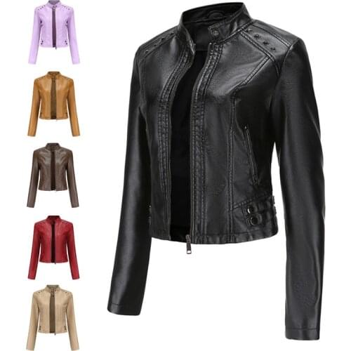 Women Rivet Faux Leather Jacket Spring Autumn Long Sleeve Short Outerwear Fashion Stand Collar Zipper Slim Coats Streetwear