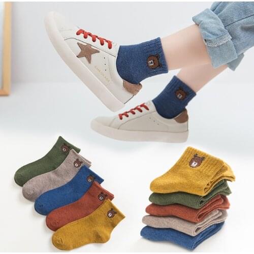 5 Pairs Baby Boys Winter Cartoon Bear Anti-skid Socks Kids Breathable Spring Autumn Cotton Keep Warm Floor Girls Socks