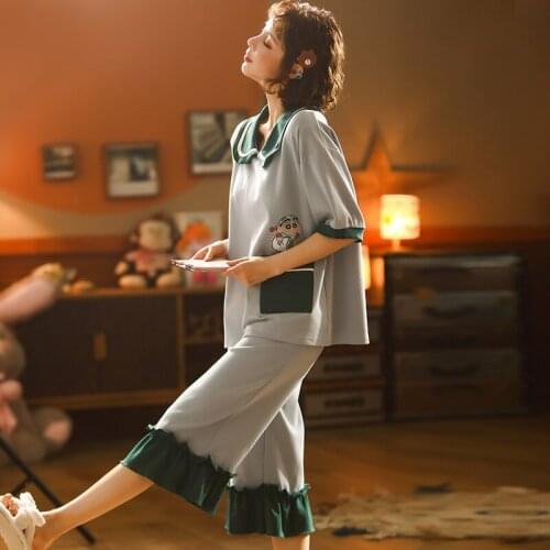 PURE Cotton Pullover Half Sleeve Calf-Length Pants Pajama Jammies Girl Lady Womens Turn Collar Sleepwear Nightwear Pyjamas cke