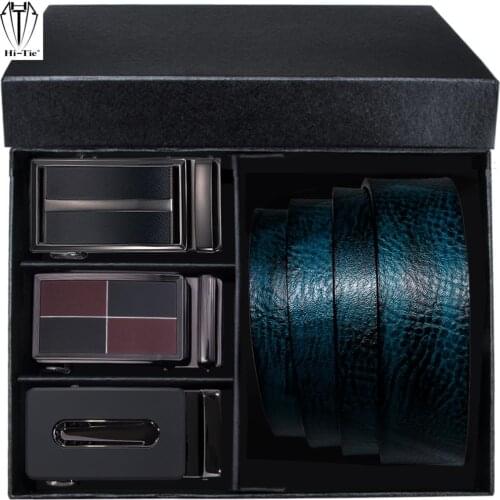 Popular Boxed Dark Blue Cow Leather Mens Belts 3 Buckles & 1 Strap Set Automatic Ratchet Men Waist Belt for Dress Jeans Gift XXL