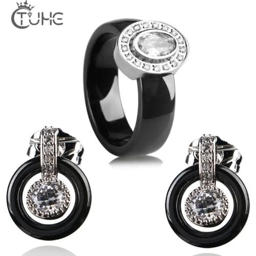 Luxury Engagement Ceramic Jewelry Sets AAA Cubic Zircon for Women Bridal Wedding Ceramic Earrings Sets with Ring Christmas Gift