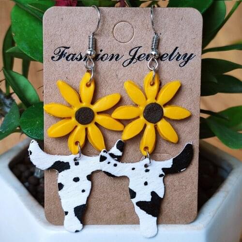 Handwork Polymer Clay Sunflower Genuine Leather Tauren Dangle Earrings New Original Design Jewelry Zebra Leopard Print Cowhide