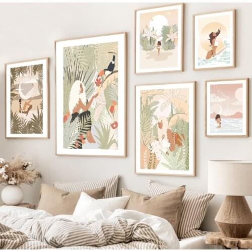 Nordic Poster Tropical Plants Summer Girl Surf Desert Cactus Wall Art Print Canvas Painting Wall Pictures For Living Room Decor