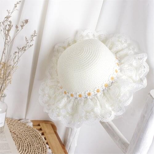2-6Years Kids Baby Girls Straw Hat 2021 Summer Children Sunflower Lace Sunhats Boho Beach Hats Fisherman Cap