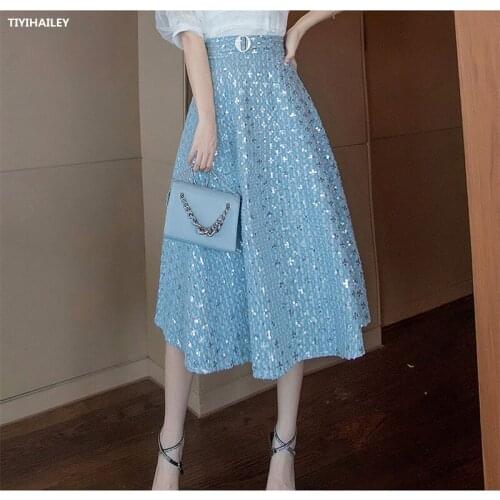 TIYIHAILEY 2021 New Fashion Free Shipping Fashion Long Mid-calf Denim Skirt For Women S-2XL High Waist Summer A-line Sequins