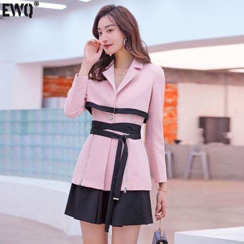 [EWQ] High Waist All-match Black Skirt 2 Piece Set 2021 Autumn New Long Sleeve Lace High Quality Office Blazer Pink Coats QX017