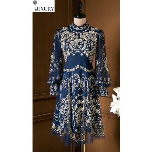 New Top 2020 Quality Autumn Women Stand Neck Allover Sexy Tulle Mesh Embroidery Long Sleeve A-Line Blue Vintage Dress XL