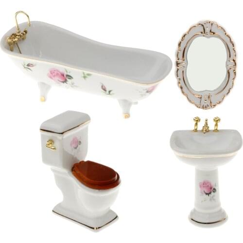 1/12 Dollhouse Mini Furniture Ceramic Bathroom Set Toilet Bathtub & Sink #5