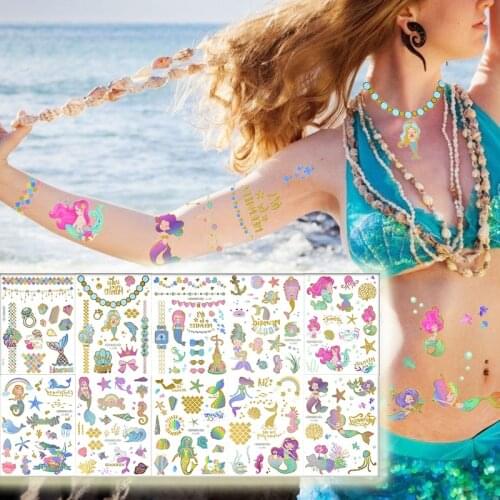2021 New Bronzing Cartoon Mermaid Temporary Tattoo Stickers For Childrens Birthday Under The Sea Theme Party Decor Body Tattoo
