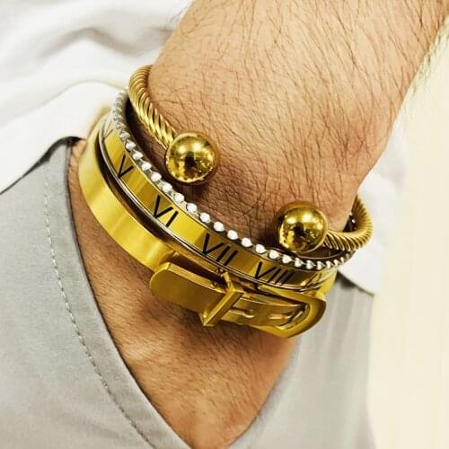 3 pcs/Set Royal Roman Numeral Bracelet Cable Mens Gold Bracelet Belt Buckle Stainless Steel Mens Jewelry Accessories