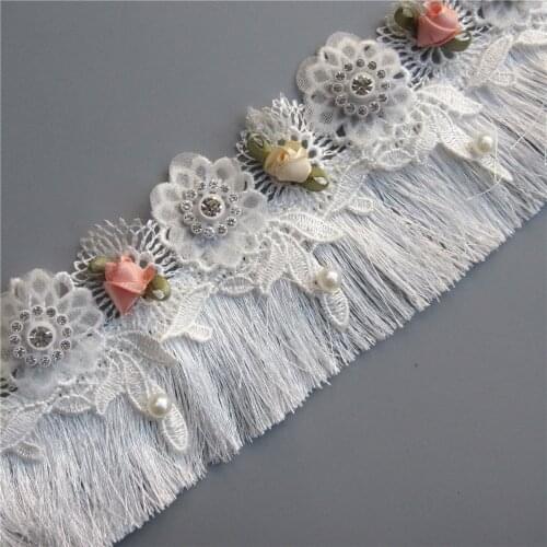 45cm/Lot White Tassel Fringe Trim Diamond Pearl Flower Embroidered Lace Ribbon Fabric Sewing Supplies Craft Clothes Decoration