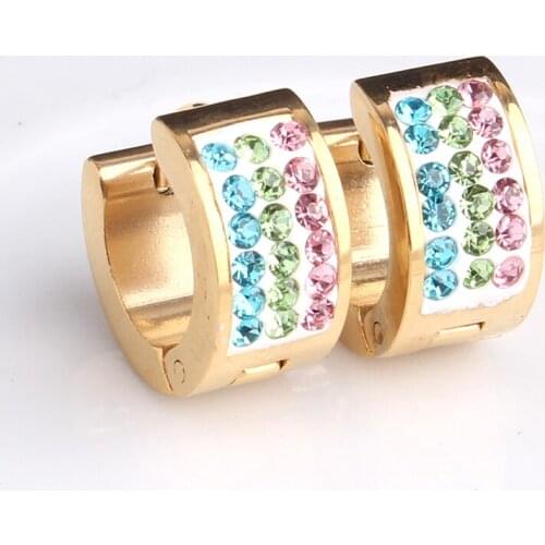 7mm gold color colorful three row crystal 316L Stainless Steel Stud Earrings for women men wholesale