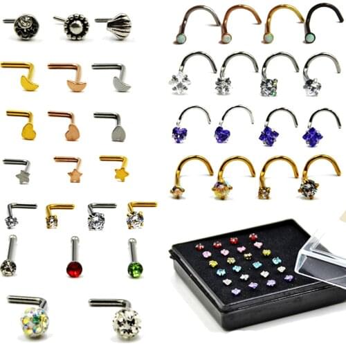 BOG-24Pcs Surgical Steel Heart Star Moon Zircon Nose Screw Ring Opal Nose Bone Stud Retainer Holder Piercing Body Jewelry 20g