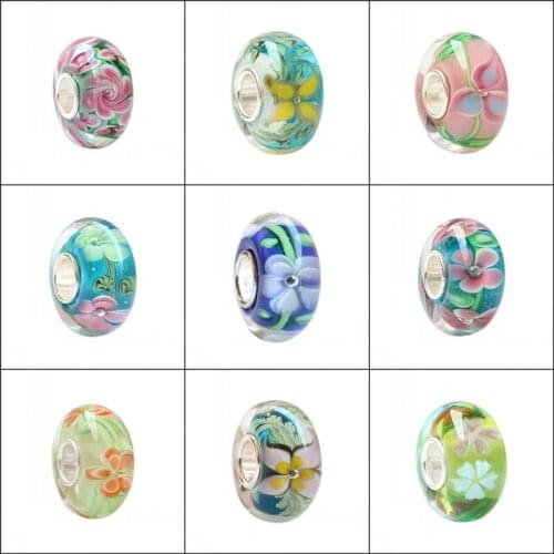 925 Sterling Silver Large Hole 3D fresh Colorful Flowers Murano Glass Charm Beads Fit European Bracelet Jewelry