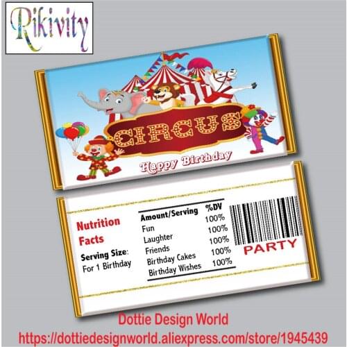 Circus Party Clown Animals Birthday Party Hershey Chocolate Candy Bar Wrapper Water Bottle Labels Baby Shower Wedding Decoration