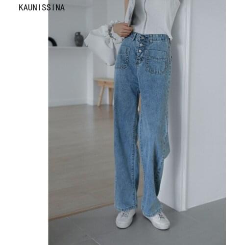Women Wide Leg Jeans Loose Casual Trousers Washed Retro High Waist Straight Overalls Long Loose Pockets Light Blue Jeans Pants