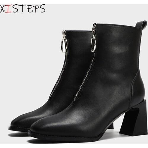 Elegant Woman Boots Square Toe Leather Booties 7 cm High Heels Winter Shoes Women Ankle Boots Black Beige Botas Mujer 2020
