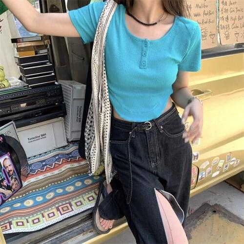 Student Design Sense Irregular Round Neck Short-sleeved T-shirt Female Summer New Korean Style Self-cultivation All-match Top