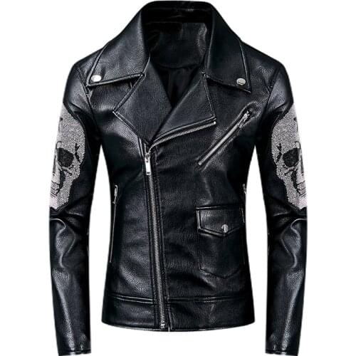 2020 New Men Black Motorcycle Leather Jacket Fashion Diamond Skull High Quality PU Leather Jackets Riding Biker Jacket