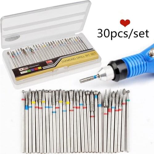 30PCS 2.35mm Nail Drill Bits Electric Drill Manicure Machine Cutter Device Ceramic Flame Bits Nail Art Salon Tool Set