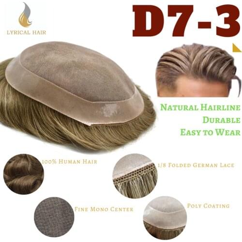 TOUPEE Fine Mono Durable Mens Toupee Hairpiece Real Human Hair Replacement System D7-3