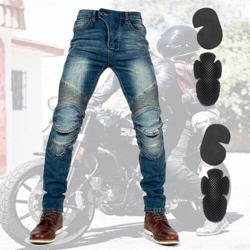 New Black Motorcycle Biker Motorcycle jeans men`s Mid High Waist Stretch Denim Skinny Pants Motor Jeans with knee pads