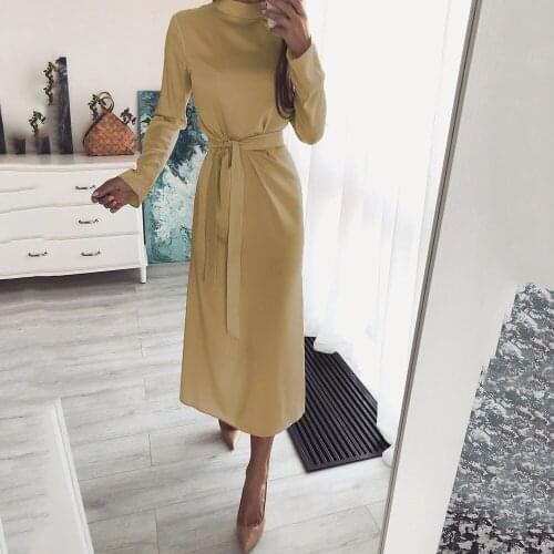 Autumn For Womens Dresses Fashion High Neck Long Sleeve Belt Pure Color Temperament Woman Dresses 2021 Casual Ladies Club Dress