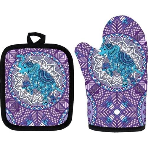 Oven Mittens and Potholders Mats Vintage Bohemian Elephant Printing 2pcs Microwave BBQ Heat Resistant Gloves Kitchen Accessories