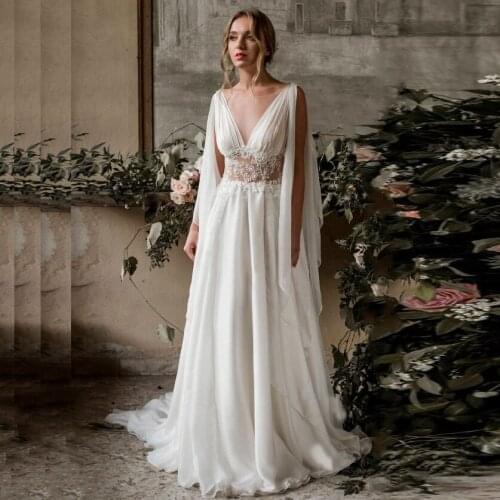 Beach Cheap Wedding Dress Cap Sleeve A-Line Chiffon Appliques Lace Princess Bride Arabic Gown Vestido De Noiva