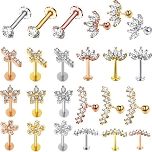 1PC Surgical Steel Zircon Cartilage Tragus Piercing Earring Stud Pircing Crystal Labret Piercing Ring Lip Body Jewelry