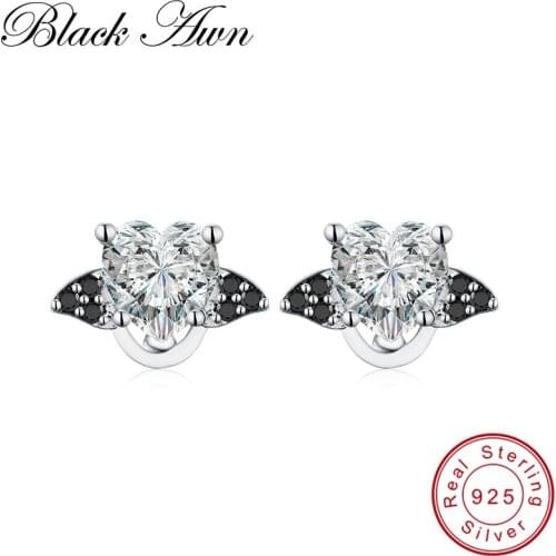 [BLACK AWN] 925 Sterling Silver Earrings Trendy Heart Black Spinel Engagement Earrings for Women Female Silver 925 Jewelry T187