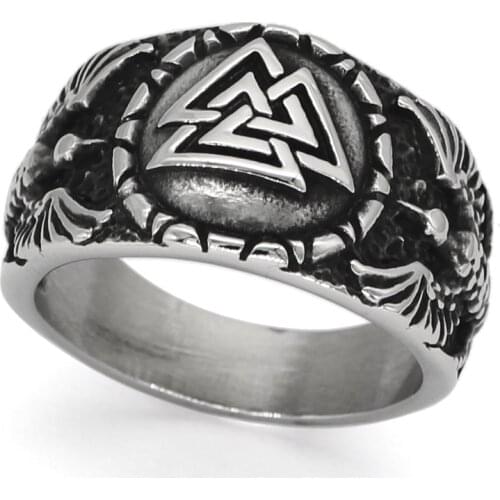 Nordic viking odin symbol valknut Raven amulet Stainless steel Ring With Valknut Gift Bag
