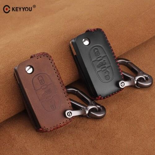 KEYYOU Genuine Leather remote car Key case For Peugeot 207 307 308 407 508 408 RCZ For Citroen C2 C3 C4 C5 C6 Auto key Bag