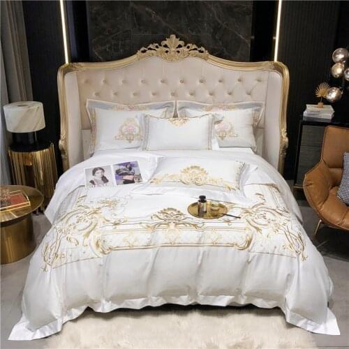 Queen Super King size Bedding set White Egyptian Cotton Gold Embroidery Duvet cover Bed sheet Fitted sheet parrure de lit ropa