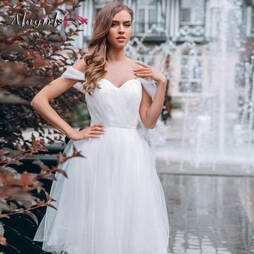 Ivory Tulle Scoop Wedding Dresses 2020 Off Shoulder Wedding Gowns Aline Short Skirt Bride Dresses Pleats Short Wedding Dresses