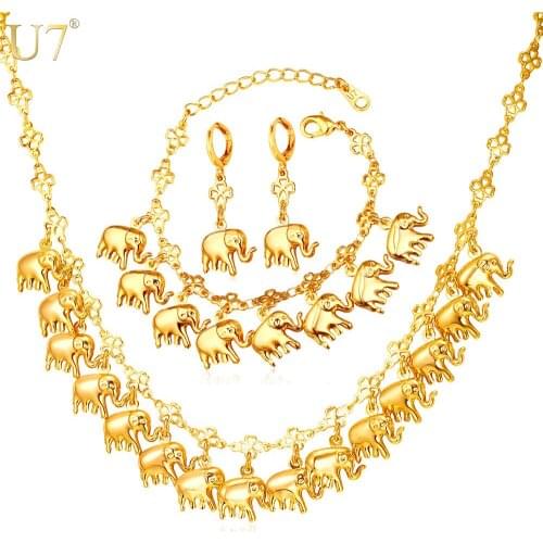 U7 Brand Elephant Cute Charm Bracelet Earring & Necklace Set Lucky Animal Gold Color Jewelry Set For Women Gift S849
