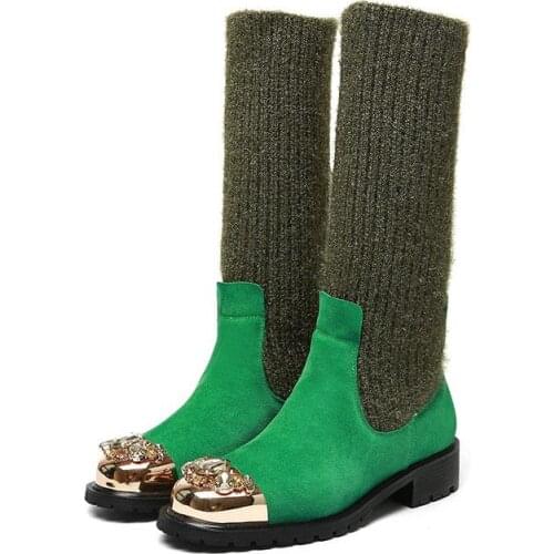 Womens Diamond Crystal Metal Toe Mid Calf Boots Knitting Stitching Suede Leather Pull On Shoes Riding 3Colors Plus Size