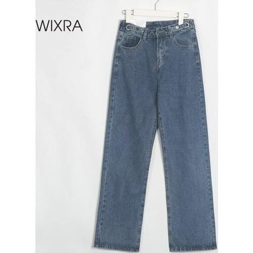 Wixra Womens Streetwear Straight Denim Long Pants Ladies Spring Summer High Waist Pockets Casual Cotton Jeans