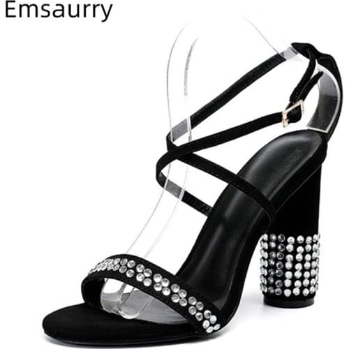 Jeweled Crystal Round Heel Sandals Women Luxury Suede One-strap Cross-strappy Sexy Open Toe Rhinestone High Heel Shoes Woman