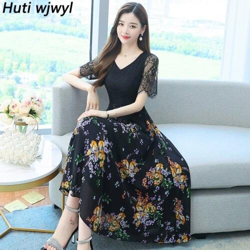 Summer Floral Chiffon Casual Boho Beach Maxi Dress 2021 Vintage Black Plus Size Midi Dress Women Elegant Bodycon Party Vestidos