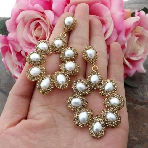 2.5" White freshwater Pearl Golden Macarsite pave flower dangle Earrings for women hyperbole party