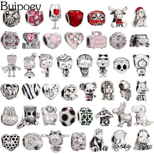 Buipoey 2pcs Cartoon Animal Beaded Boy Girl Charm Fit Snake Chain Bracelets Owl Reindeer Dog Beads Pink Heart Jewelry Accessory