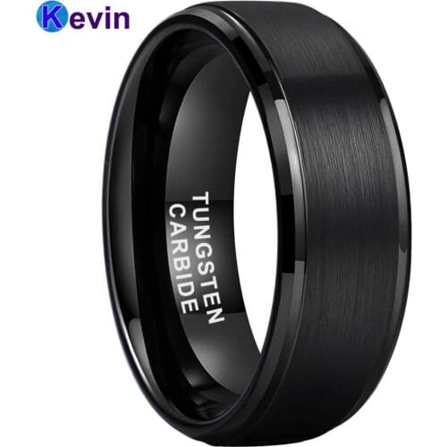 Men Women Black Tungsten Carbide Ring Stepped Beveled Brushed Finish 6MM And 8MM Available